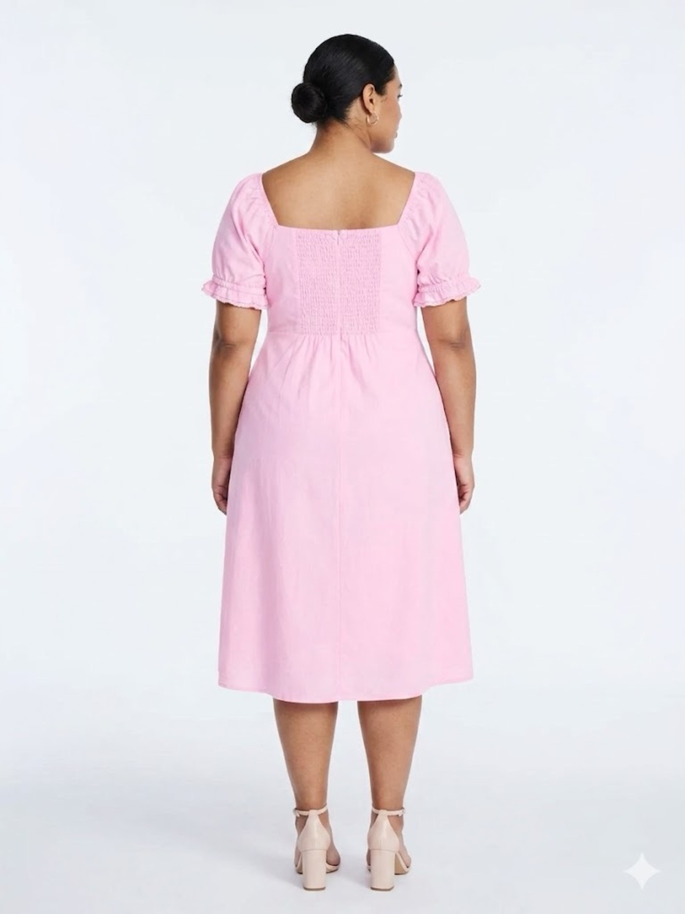 Pretty Pink Midi Dress with Puff Sleeves and Tie Front - Picture 5 of 9